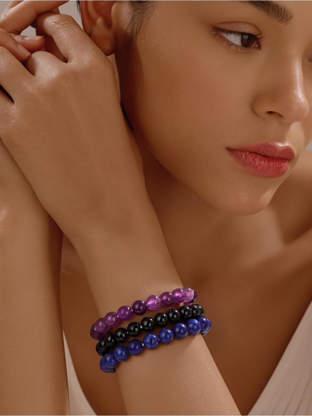 🆕New Stress Relief Gemstone Bracelet Set-Amethyst, Obsidian & Lapis Lazuli - Picture 6 of 9